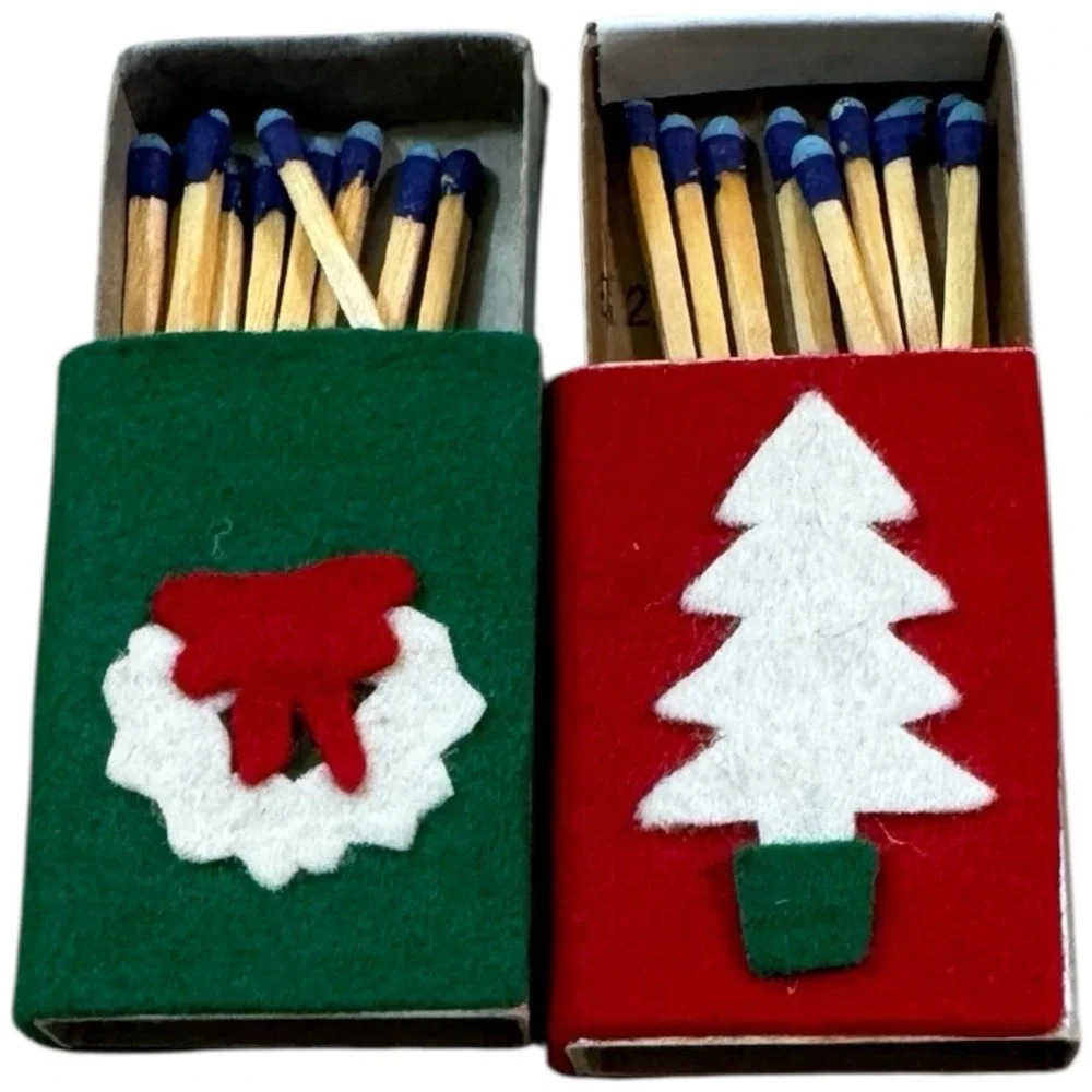 2 Handmade Christmas Vtg SmallFelt Match Boxes‎ Wreath/Christmas Tree 9 Matches
